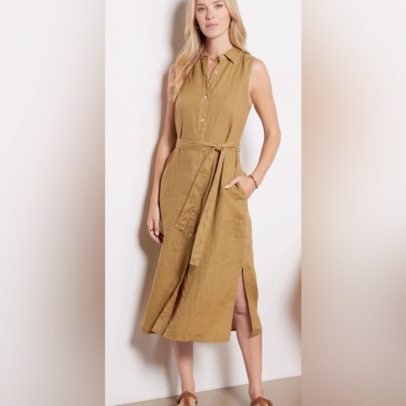 Faherty Dresses & Skirts - Faherty Laguna linen sleeveless shirt dress with tie belt size XS mustard color